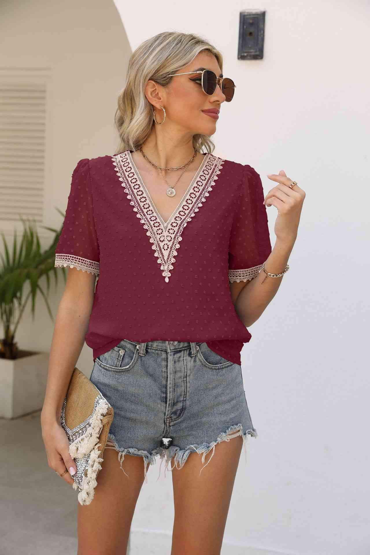 Contrast V-Neck Swiss Dot Top Blouses - Tophatter Daily Deals