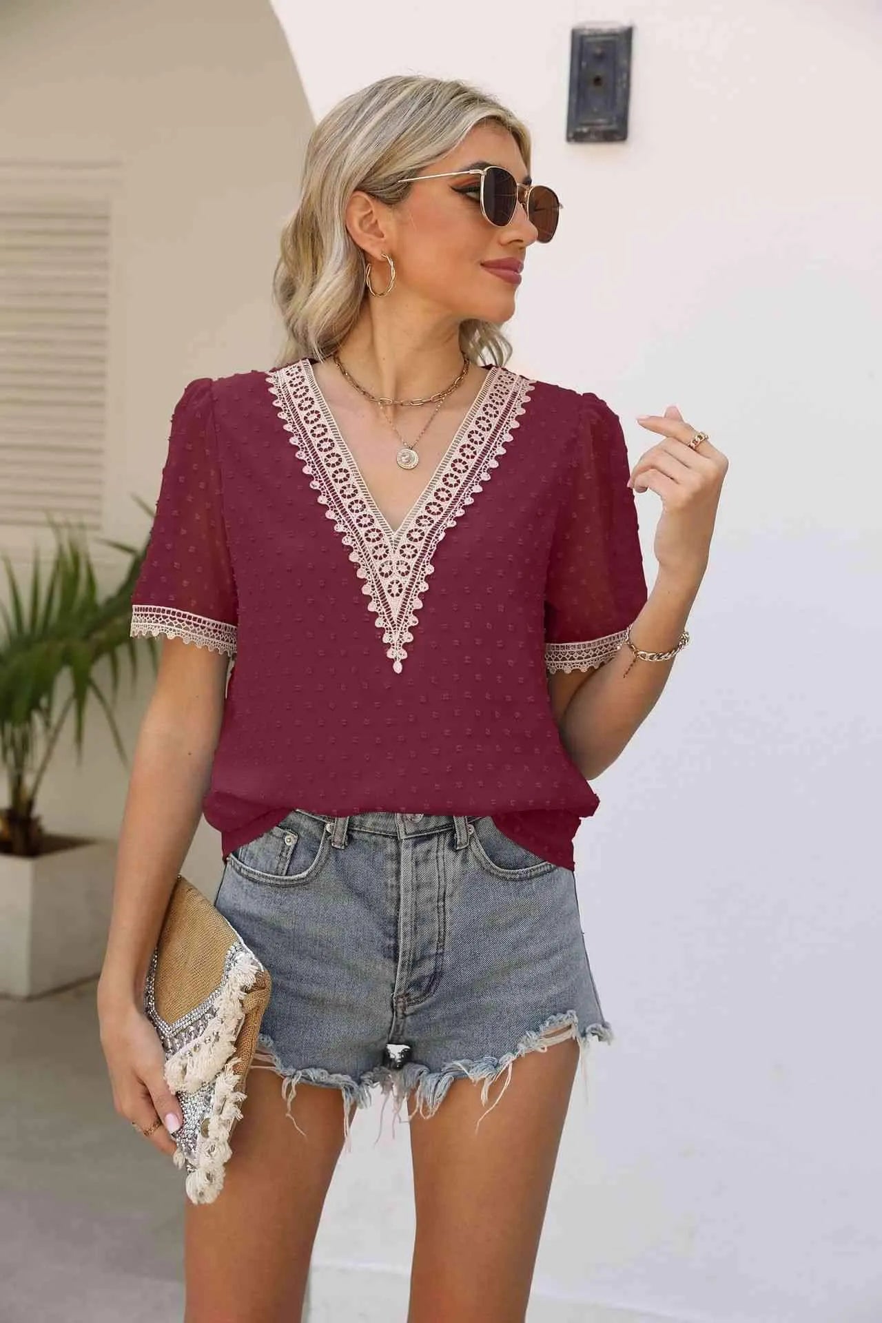 Contrast V-Neck Swiss Dot Top Blouses - Tophatter Daily Deals