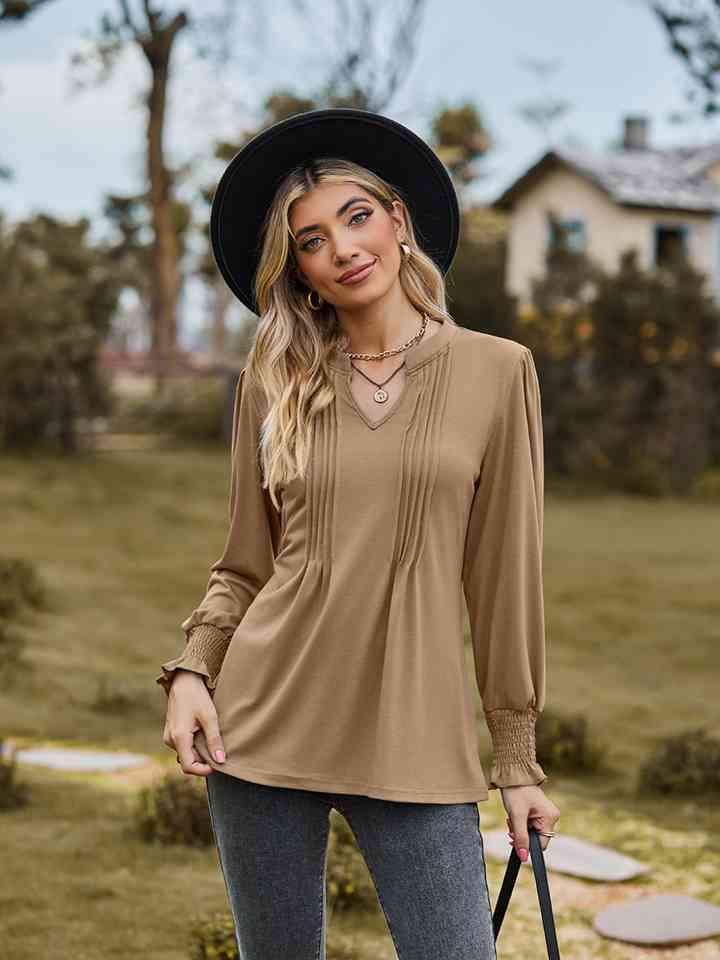 Notched Neck Flounce Sleeve Blouse Khaki Blouses - Tophatter Daily Deals