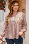 Plus Size V-Neck Printed Long Sleeve Blouse Deep Red Blouses - Tophatter Daily Deals