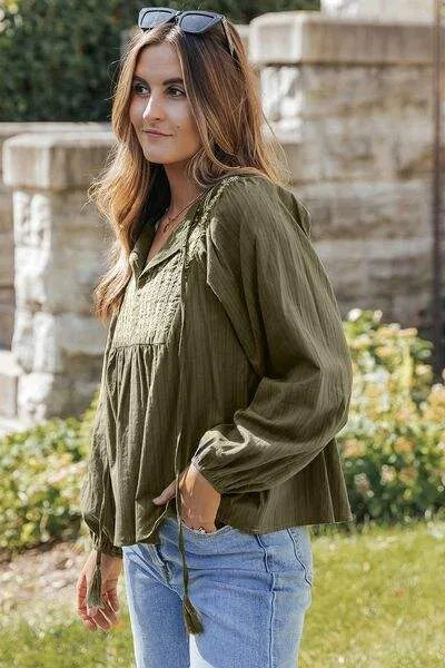 Embroidered Tassel Tie Neck Balloon Sleeve Blouse Blouses - Tophatter Daily Deals