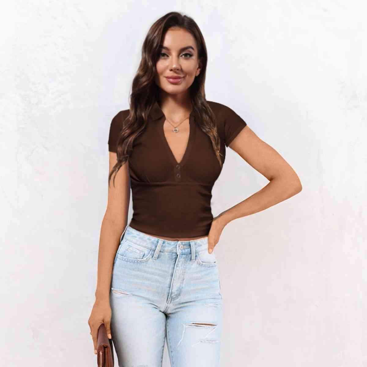 Buttoned Johnny Collar Short Sleeve Top Burnt Umber Women's T-Shirts - Tophatter Daily Deals