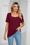 Square Neck Puff Sleeve T-Shirt Wine Women's T-Shirts - Tophatter Daily Deals