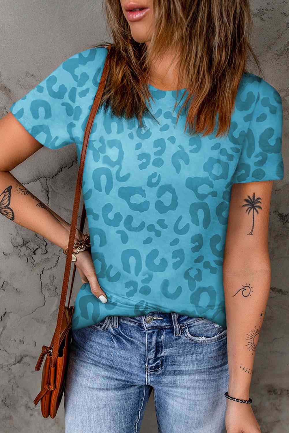 Leopard Round Neck Tee Sky Blue Women's T-Shirts - Tophatter Daily Deals