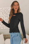 Metallic Cutout Round Neck Long Sleeve Top Women's T-Shirts - Tophatter Daily Deals