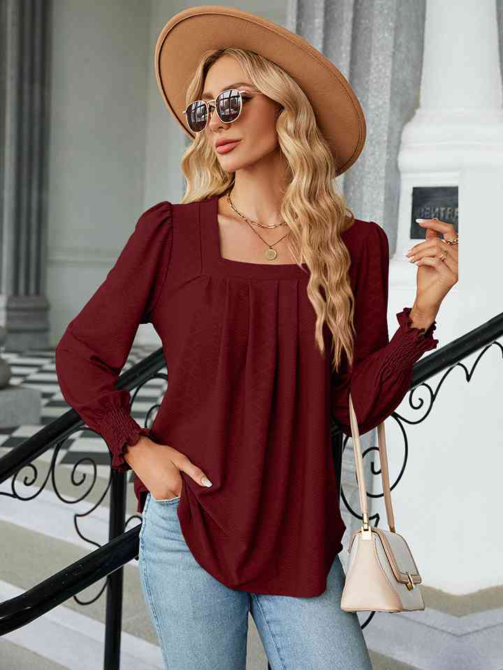 Square Neck Puff Sleeve Blouse Wine Women's T-Shirts - Tophatter Daily Deals