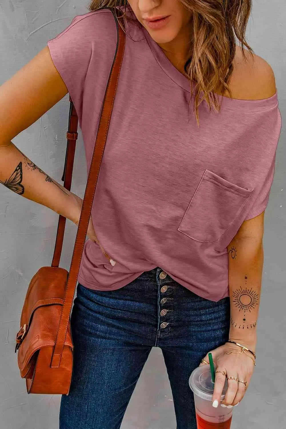 Capped Sleeve Round Neck T-Shirt Pink Women's T-Shirts - Tophatter Daily Deals