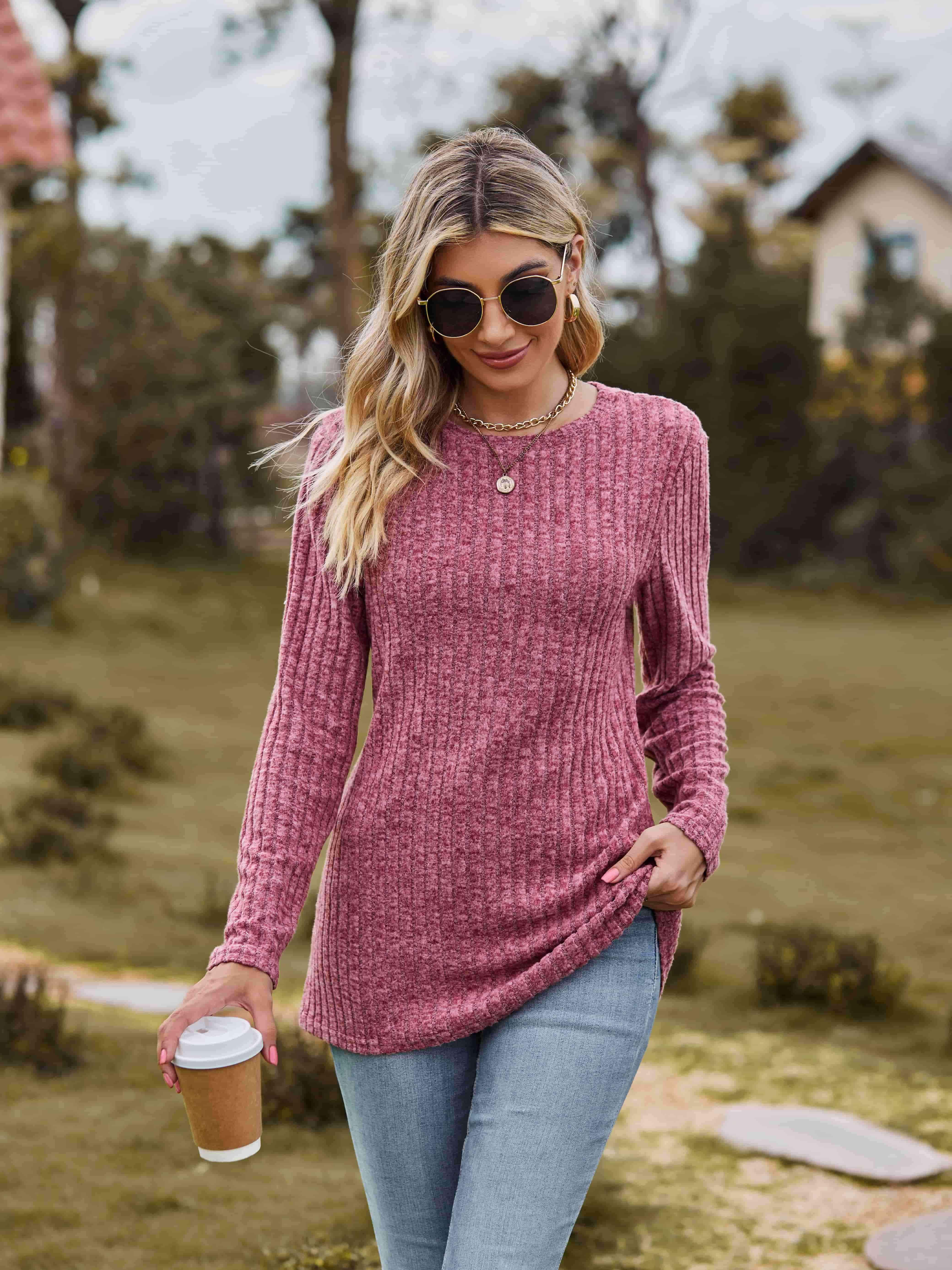 Ribbed Round Neck Long Sleeve Tee Women's T-Shirts - Tophatter Daily Deals