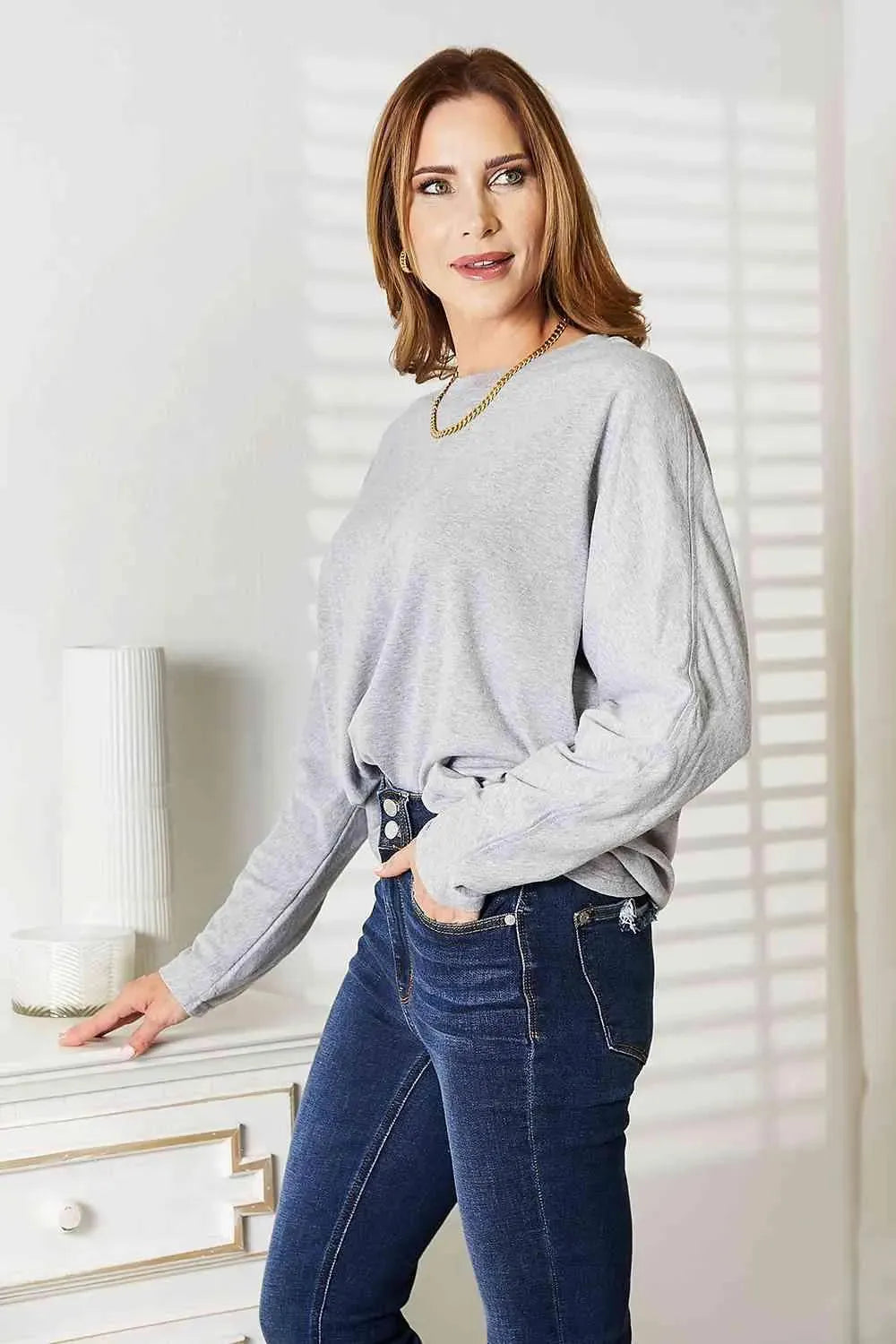 Double Take Seam Detail Round Neck Long Sleeve Top Women's T-Shirts - Tophatter Daily Deals