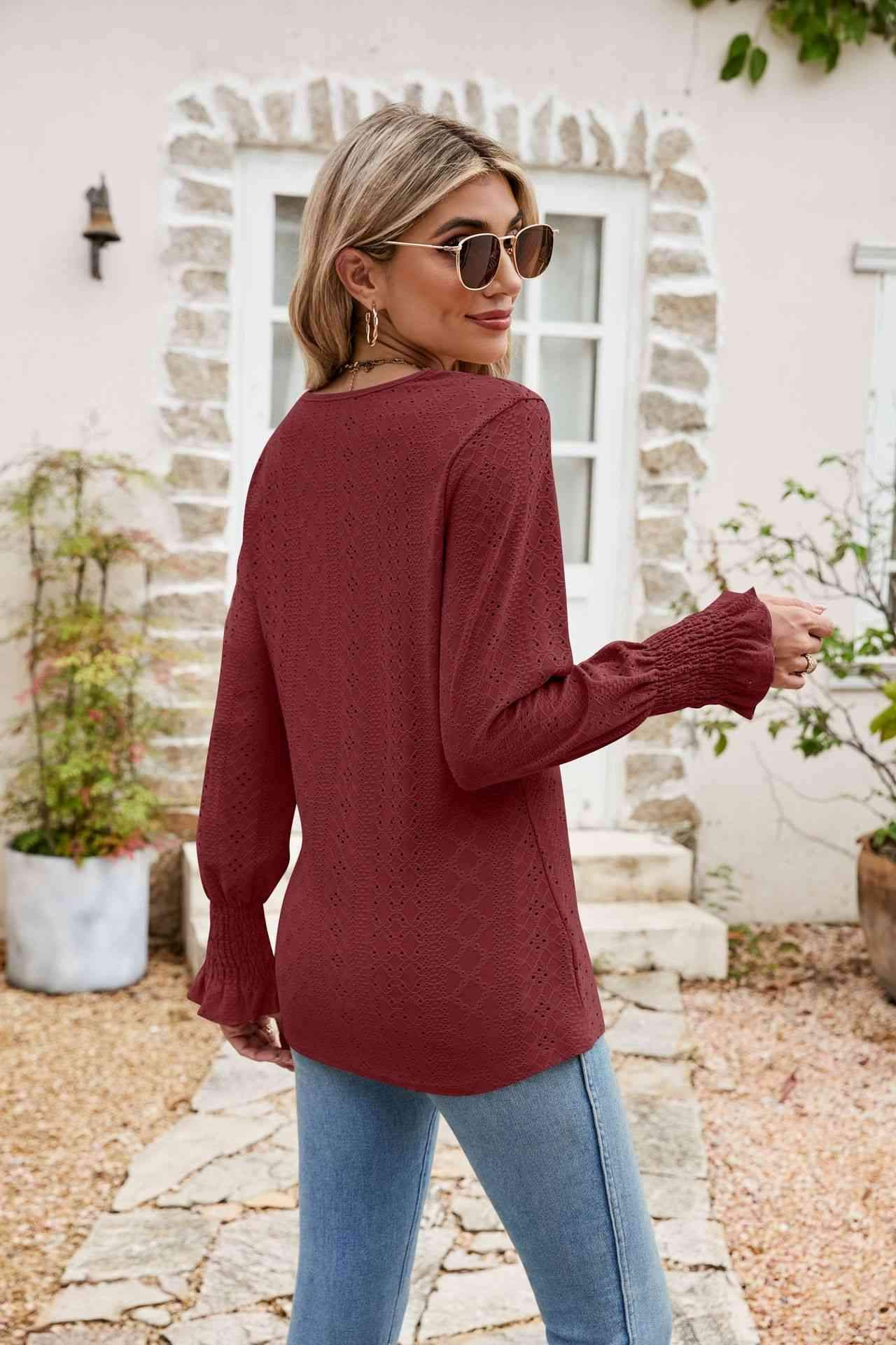 Eyelet V-Neck Smocked Flounce Sleeve Blouse Blouses - Tophatter Daily Deals