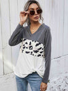 Leopard Color Block V-Neck Twisted Tee Multicolor Women's T-Shirts - Tophatter Daily Deals