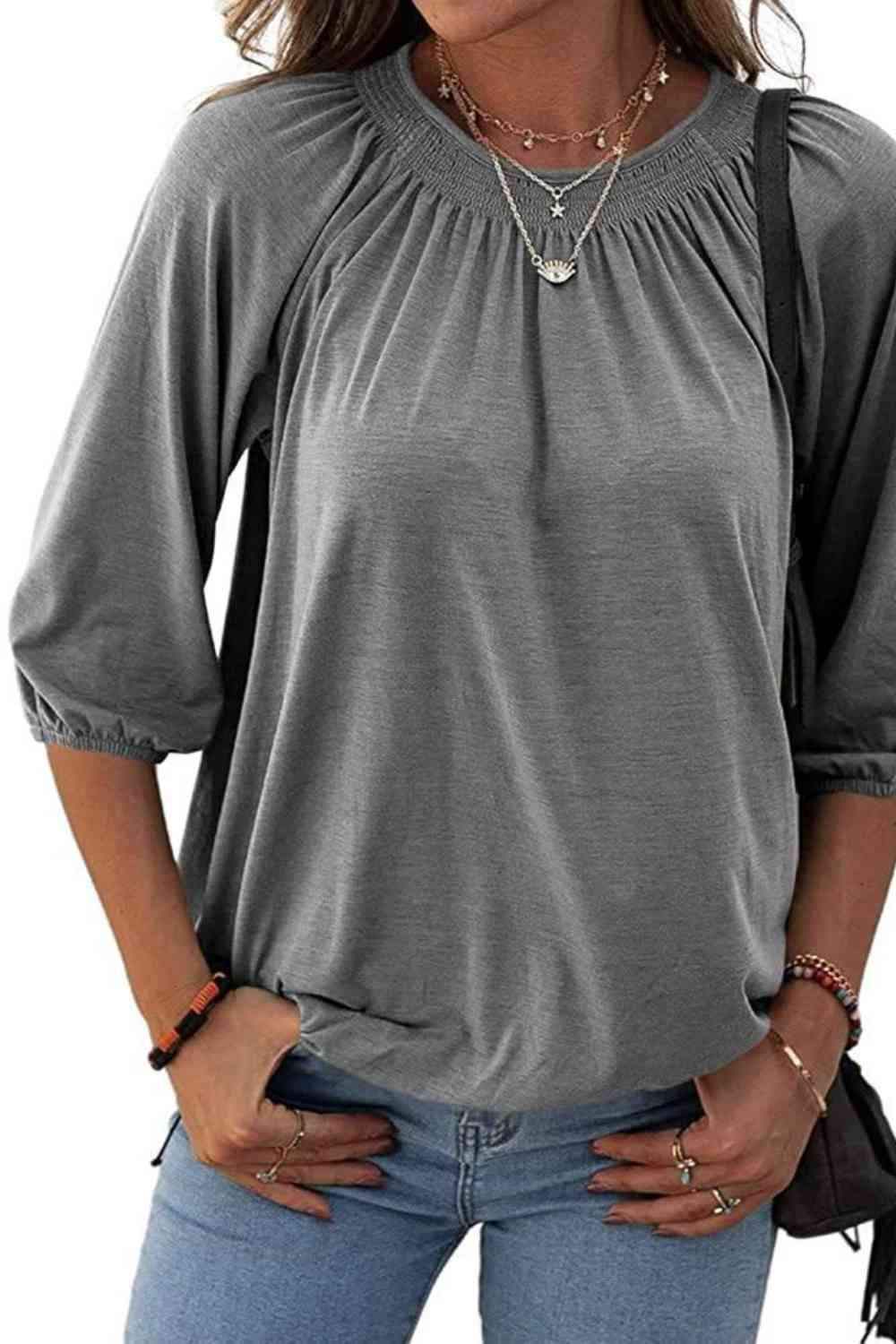 Gathered Detail Round Neck T-Shirt Women's T-Shirts - Tophatter Daily Deals