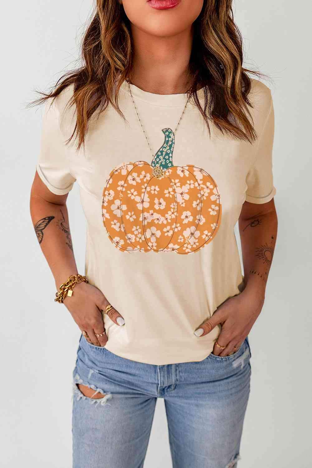 Pumpkin Graphic Round Neck Cuffed T-Shirt Cream Women's T-Shirts - Tophatter Daily Deals