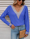 Double Take Contrast V-Neck Eyelet Long Sleeve Top Cobalt Blue Blouses - Tophatter Daily Deals