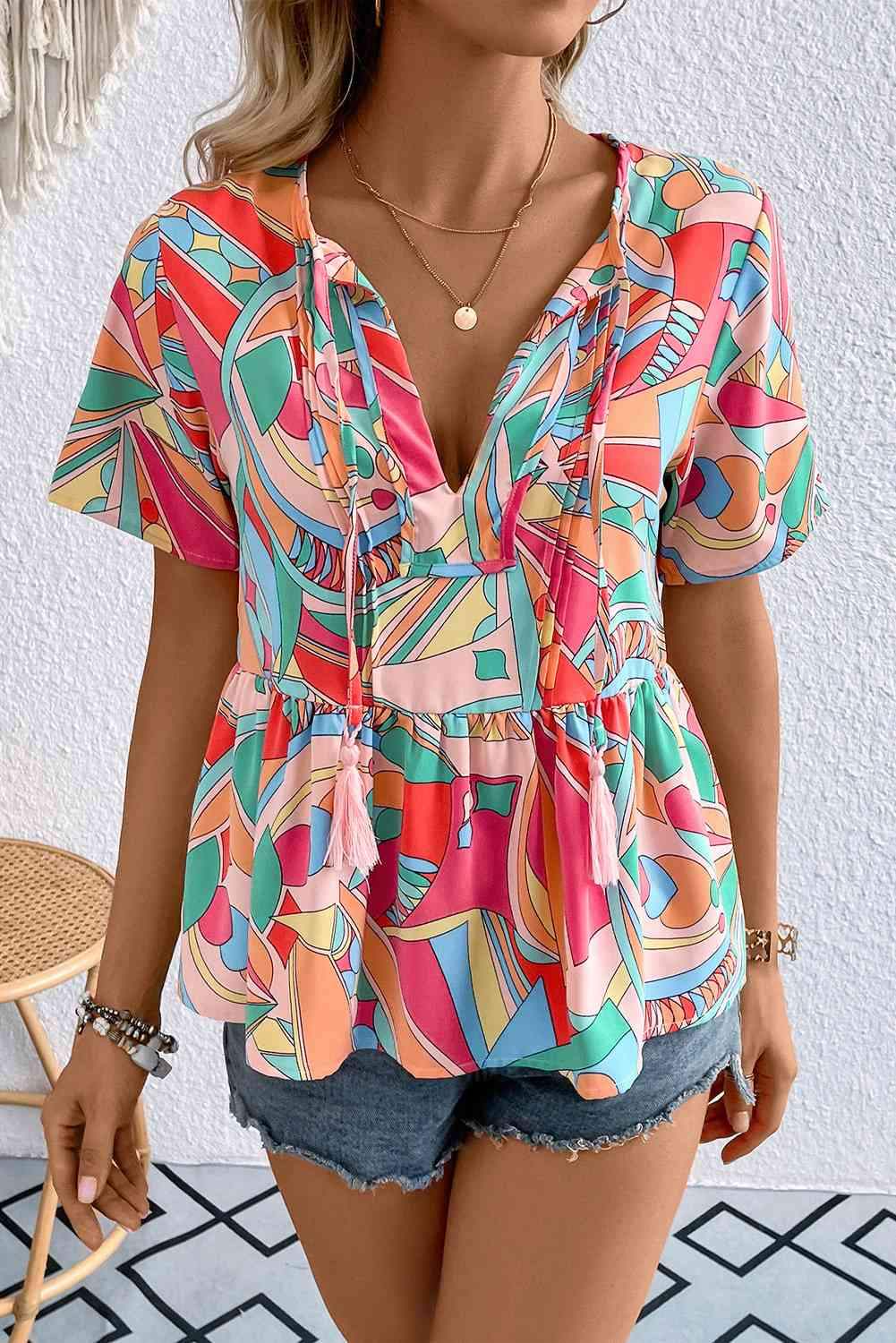 Printed Tie Neck Short Sleeve Blouse Multicolor Blouses - Tophatter Daily Deals