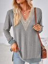 Crochet Contrast V-Neck Long Sleeve Slit T-Shirt Light Gray Women's T-Shirts - Tophatter Daily Deals