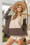 BiBi Striped Contrast Long Sleeve Slit Top Blouses - Tophatter Daily Deals