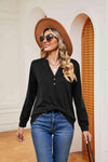 Buttoned Notched Neck Long Sleeve Top Blouses - Tophatter Daily Deals