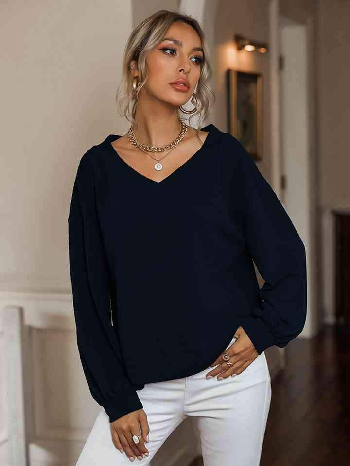 V-Neck Drop Shoulder Top Blouses - Tophatter Daily Deals