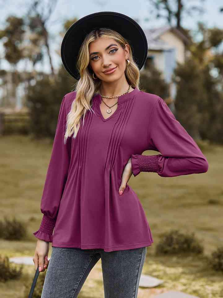 Notched Neck Flounce Sleeve Blouse Blouses - Tophatter Daily Deals