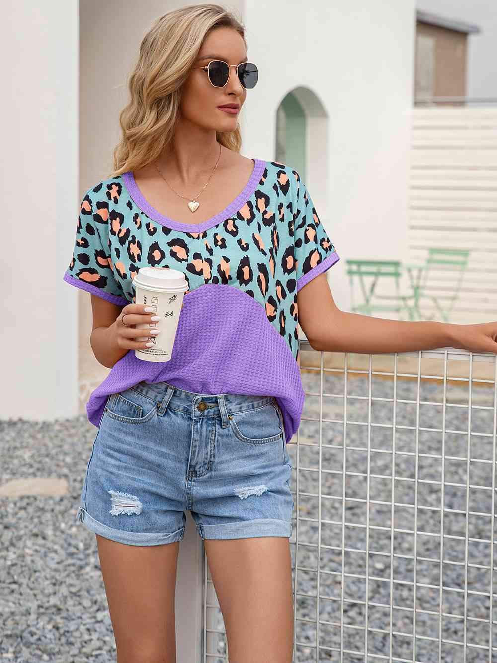 Leopard Waffle-Knit Short Sleeve Top Women's T-Shirts - Tophatter Daily Deals