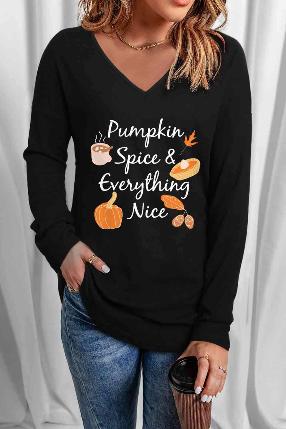 Fall Theme V-Neck Long Sleeve T-Shirt Women's T-Shirts - Tophatter Daily Deals