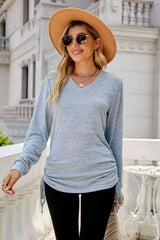 Heathered Drawstring V-Neck Top Women's T-Shirts - Tophatter Daily Deals