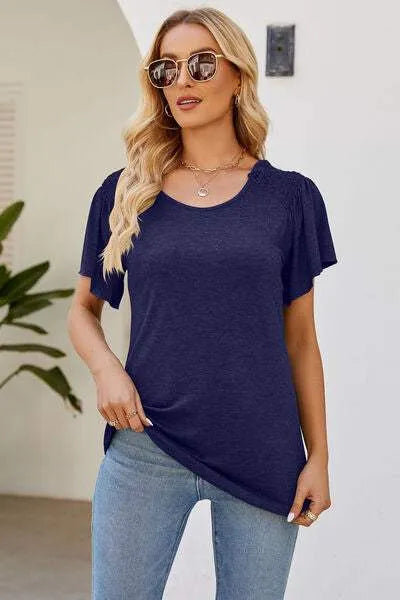 Smocked Round Neck Flutter Sleeve T-Shirt Women's T-Shirts - Tophatter Daily Deals
