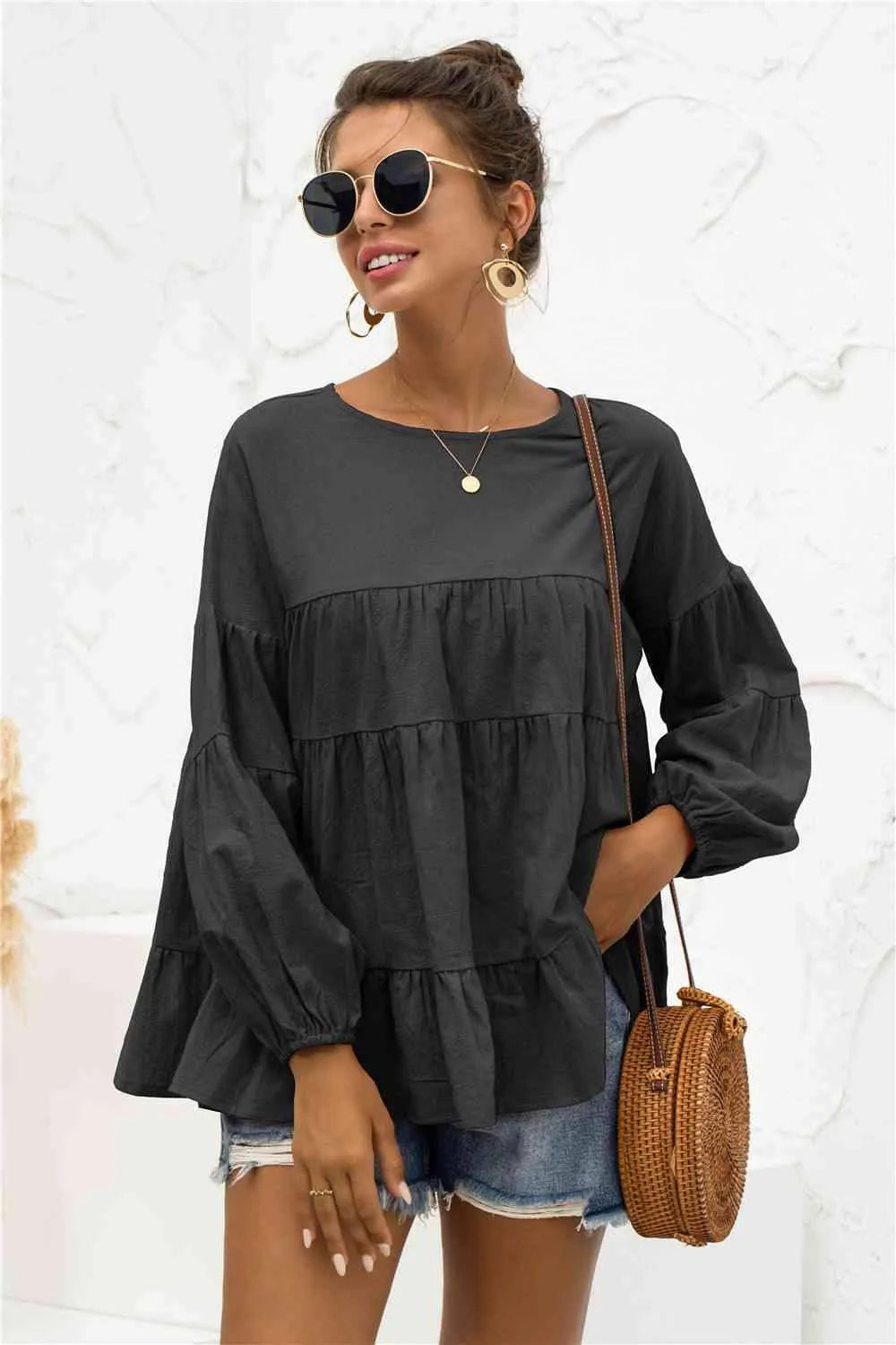 Round Neck Bubble Sleeve Tiered Blouse Blouses - Tophatter Daily Deals