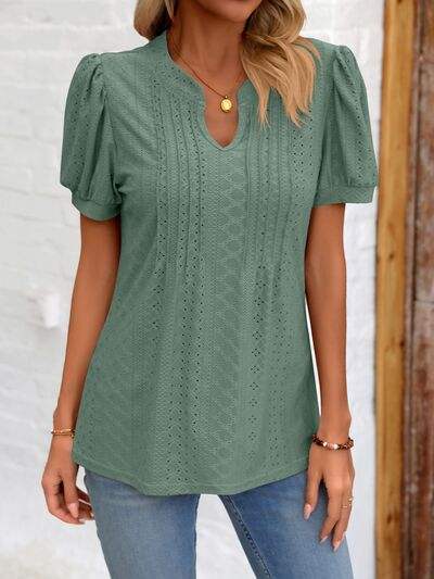 Eyelet Notched Puff Sleeve T-Shirt Women's T-Shirts - Tophatter Daily Deals