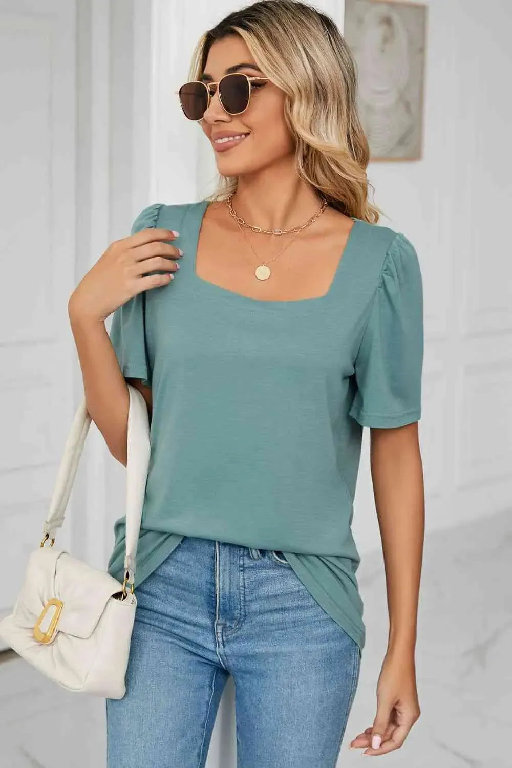 Square Neck Puff Sleeve T-Shirt Women's T-Shirts - Tophatter Daily Deals