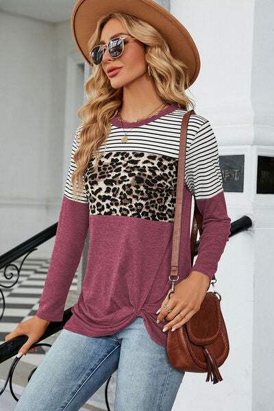 Leopard Striped Round Neck T-Shirt Magenta Women's T-Shirts - Tophatter Daily Deals