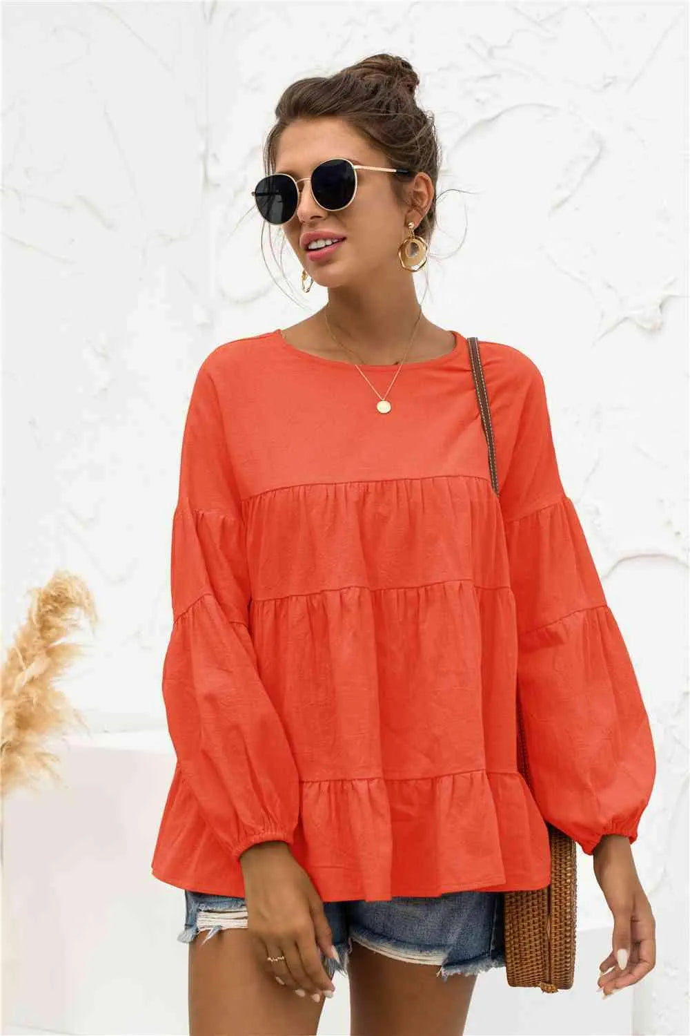 Round Neck Bubble Sleeve Tiered Blouse Blouses - Tophatter Daily Deals