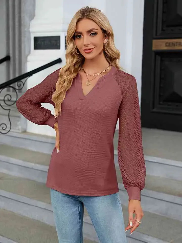 Notched Neck Raglan Sleeve Blouse Blouses - Tophatter Daily Deals