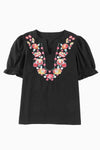 Embroidered Notched Neck Flounce Sleeve Top Black Blouses - Tophatter Daily Deals