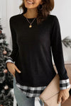 Plaid Round Neck Long Sleeve T-Shirt Black Women's T-Shirts - Tophatter Daily Deals