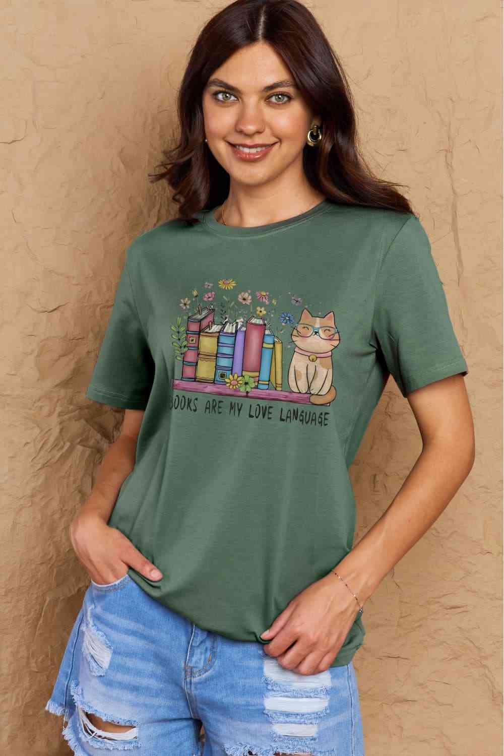 Simply Love Full Size BOOKS ARE MY LOVE LANGUAGE Graphic Cotton Tee Green Women's T-Shirts - Tophatter Daily Deals