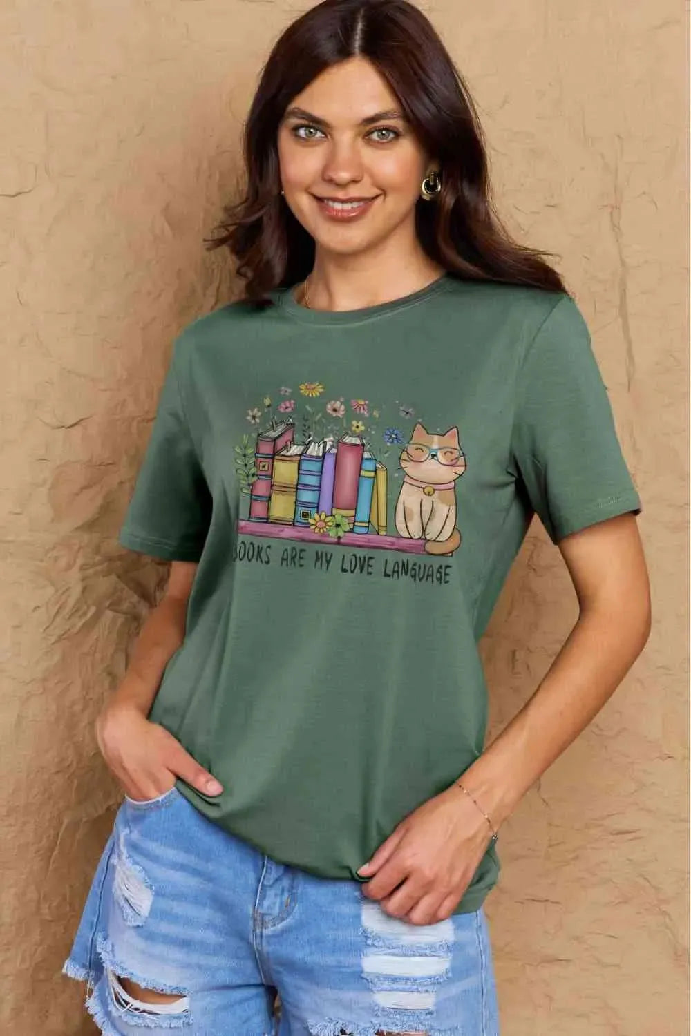 Simply Love Full Size BOOKS ARE MY LOVE LANGUAGE Graphic Cotton Tee Green Women's T-Shirts - Tophatter Daily Deals