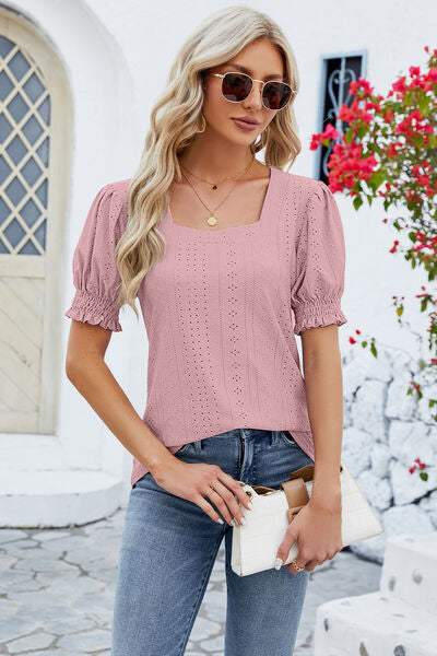 Eyelet Square Neck Short Sleeve T-Shirt Women's T-Shirts - Tophatter Daily Deals