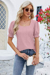 Eyelet Square Neck Short Sleeve T-Shirt Women's T-Shirts - Tophatter Daily Deals