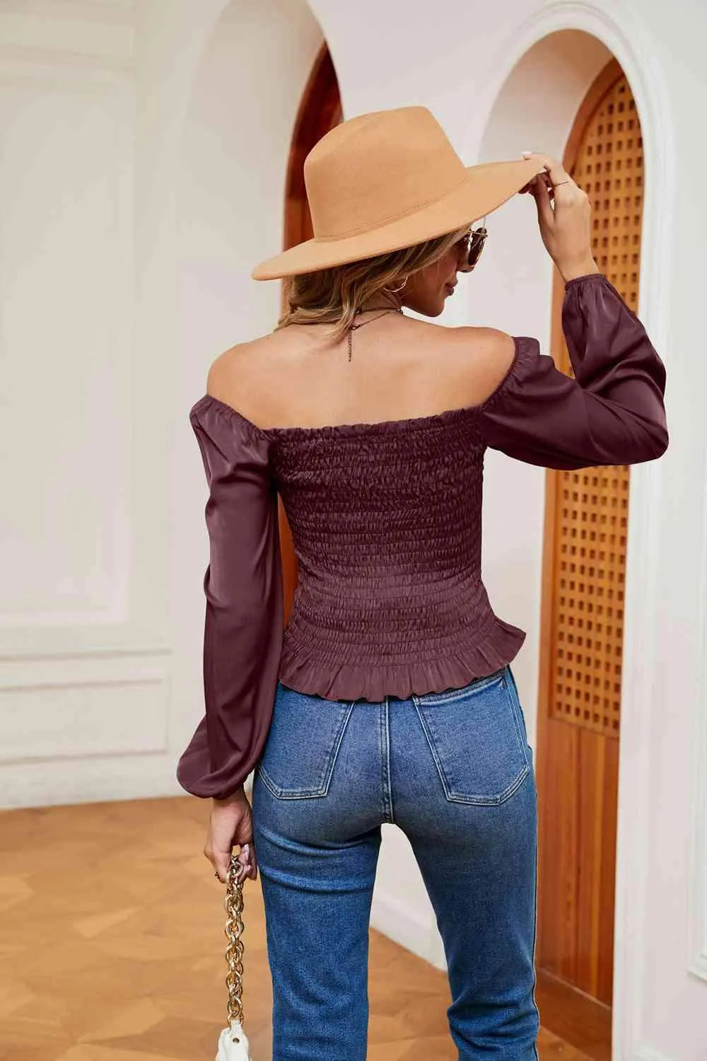 Smocked Off-Shoulder Ruffle Hem Blouse Blouses - Tophatter Daily Deals