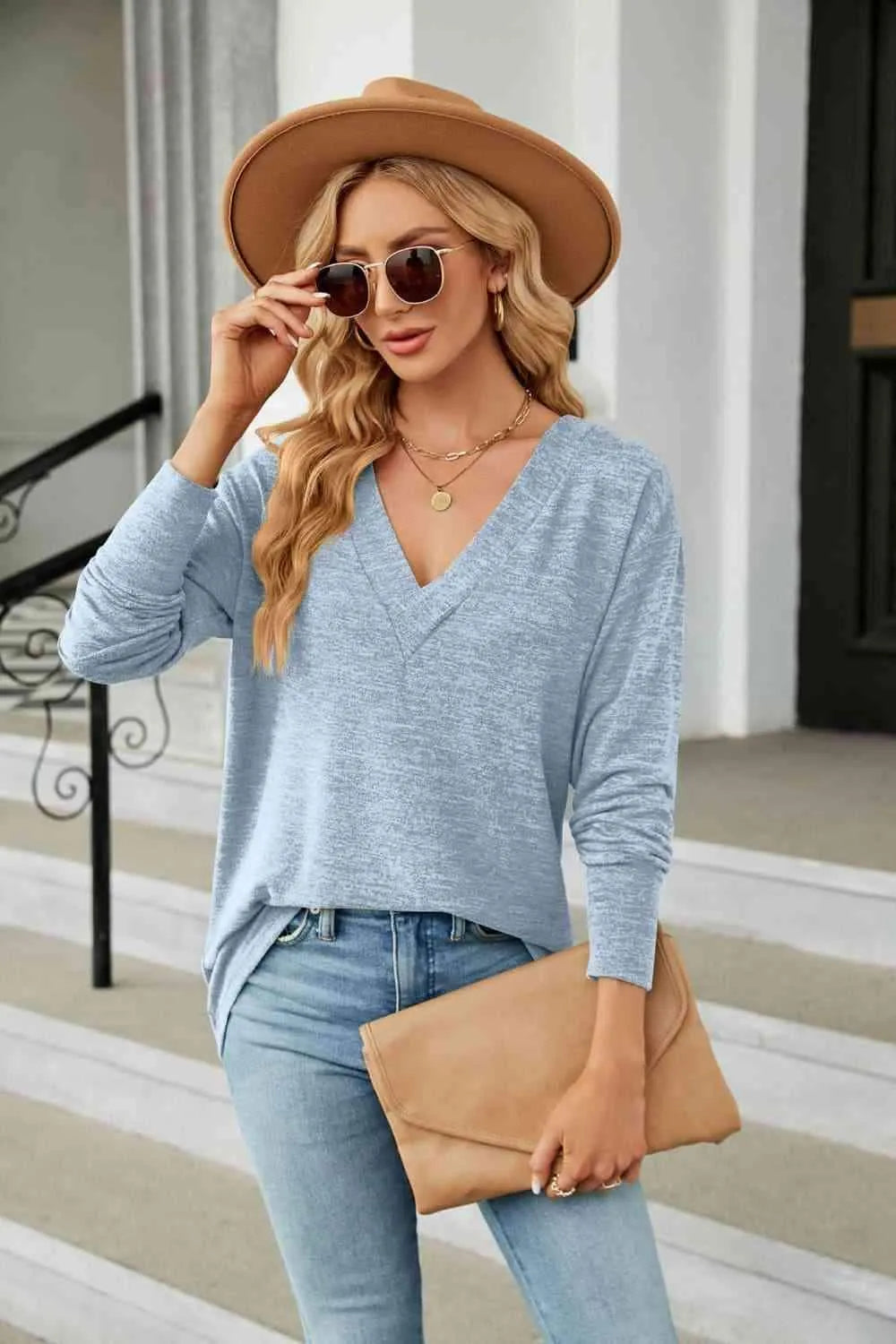 V-Neck Long Sleeve T-Shirt Misty Blue Women's T-Shirts - Tophatter Daily Deals
