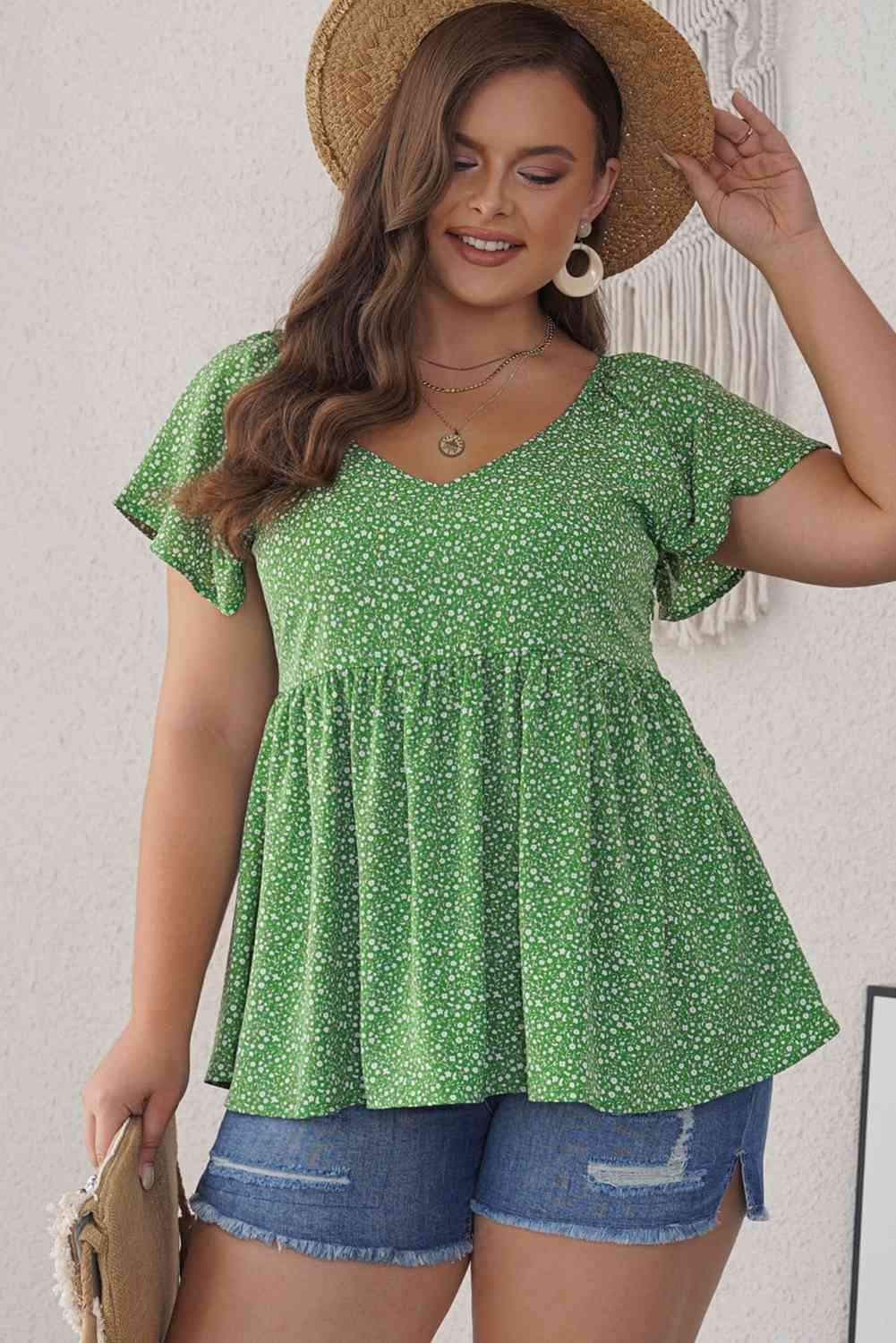 Ditsy Floral Flutter Sleeve Peplum Blouse Mid Green Blouses - Tophatter Daily Deals