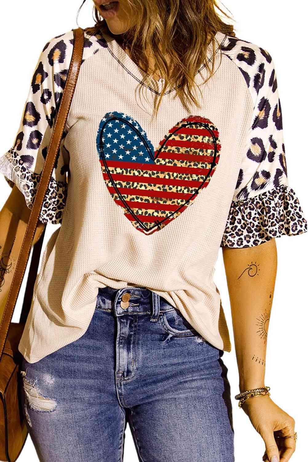 Star and Stripe Heart Graphic Leopard Top Women's T-Shirts - Tophatter Daily Deals