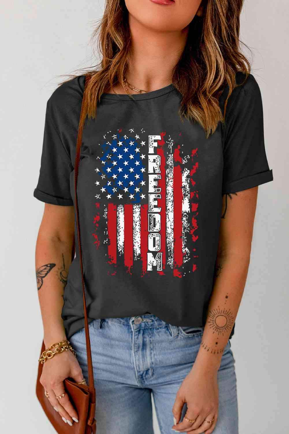 FREEDOM US Flag Graphic Round Neck Tee Women's T-Shirts - Tophatter Daily Deals