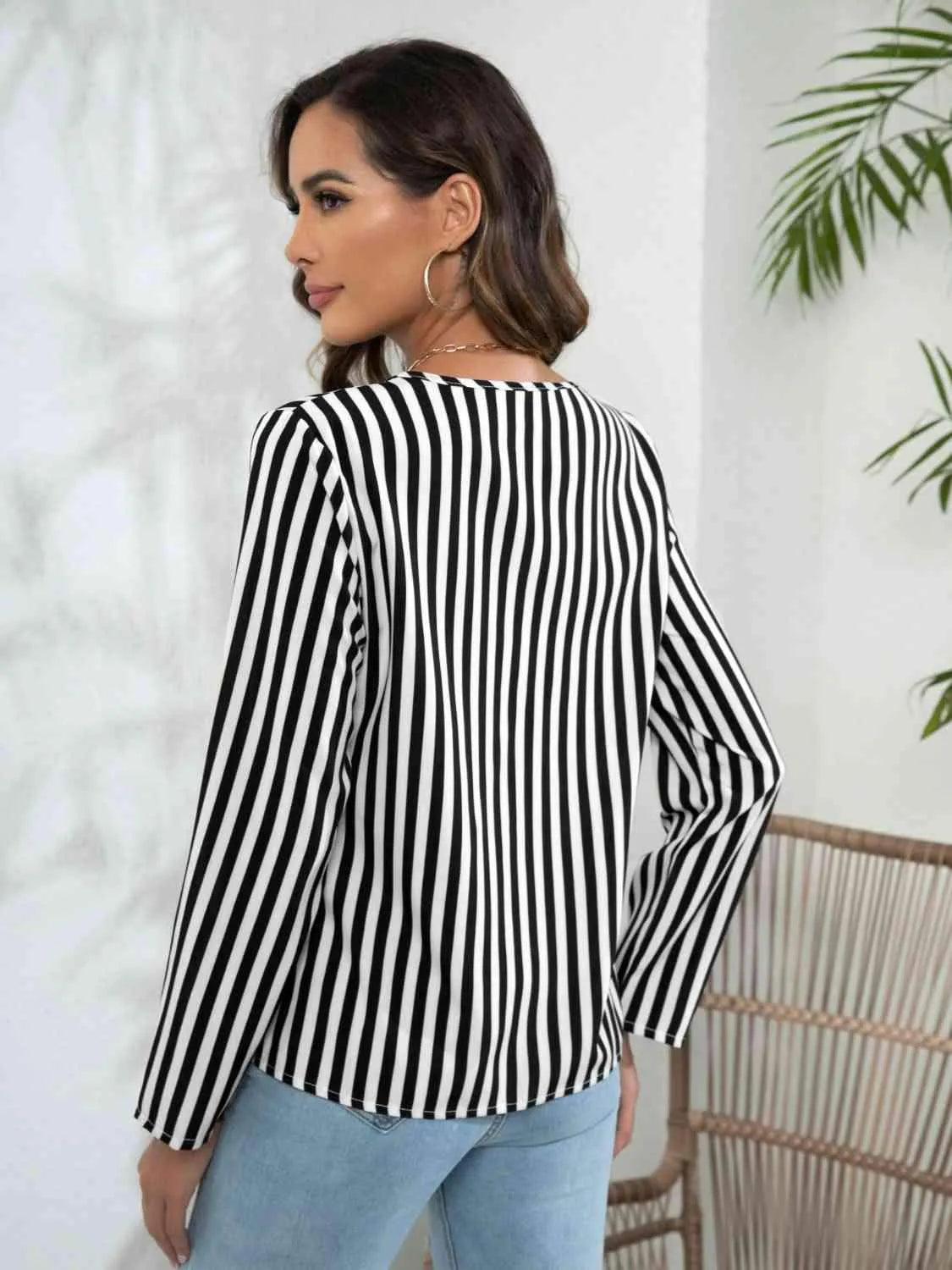Striped Long Sleeve Notched Blouse Blouses - Tophatter Daily Deals