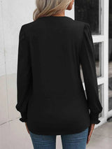 Ruched Notched Neck Puff Sleeve Smocked Wrist Blouse Blouses - Tophatter Daily Deals