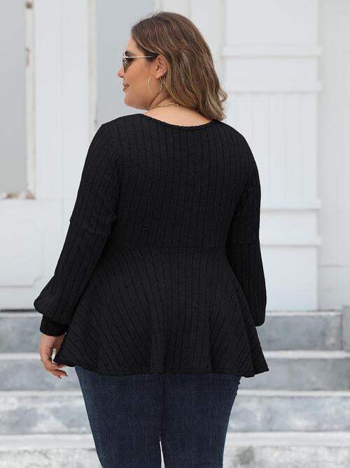 Plus Size Ribbed V-Neck Long Sleeve Blouse Blouses - Tophatter Daily Deals