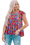 Floral Round Neck Frill Trim Blouse Blouses - Tophatter Daily Deals