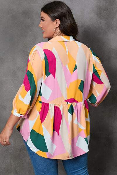 Plus Size Printed Collared Neck Half Button Top Blouses - Tophatter Daily Deals